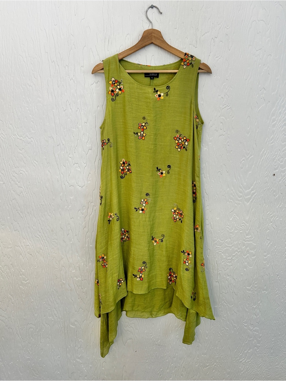 LA BELLA Embroidered Floral Midi Dress Green Small Boho Fairycore Shark Bite Hem